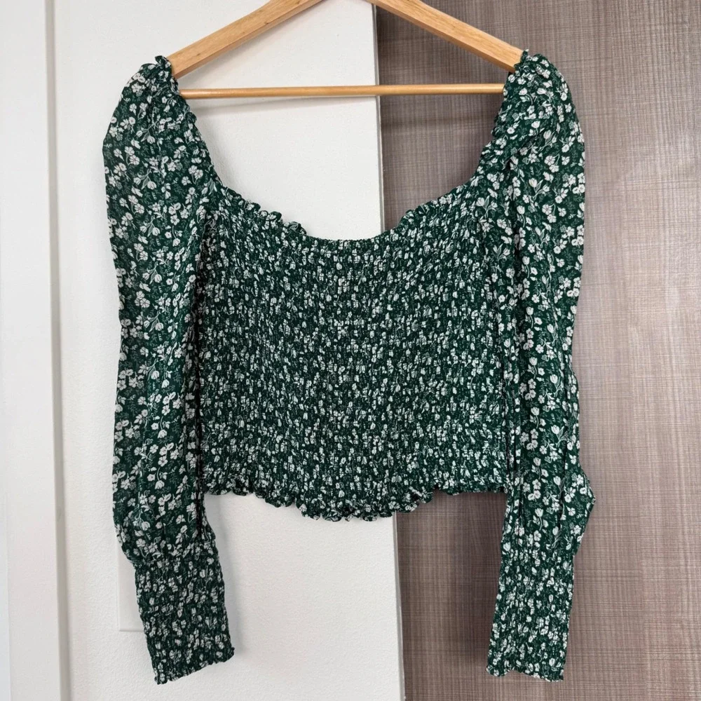 Reformation Green Pinto Top Parsley Floral Print Smocked Blouse Size Medium - Picture 4 of 13